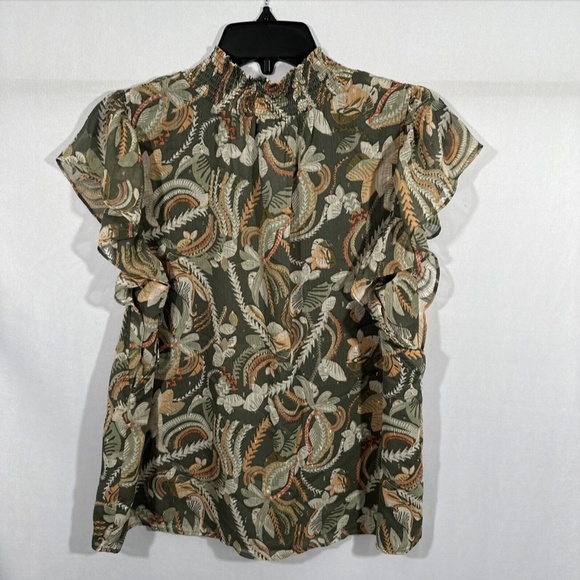 JOIE [ Large ]‎ Flutter Sleeve Floral Mock Neck Smocked Blouse Top Green - Picture 12 of 14